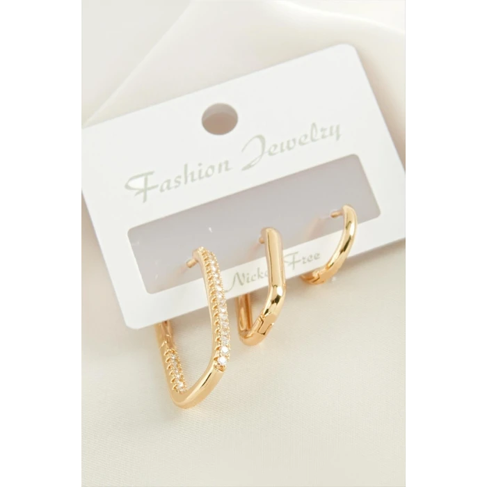 3 Adet Oval Zirkon Taşlı Küpe