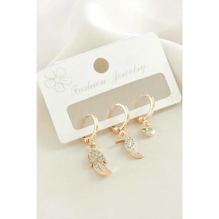 3 Adet Yaprak Zirkon Taşlı Küpe