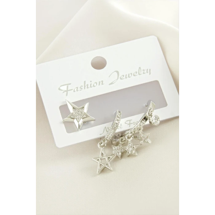 3 Adet Yıldız Zirkon Taşlı Küpe