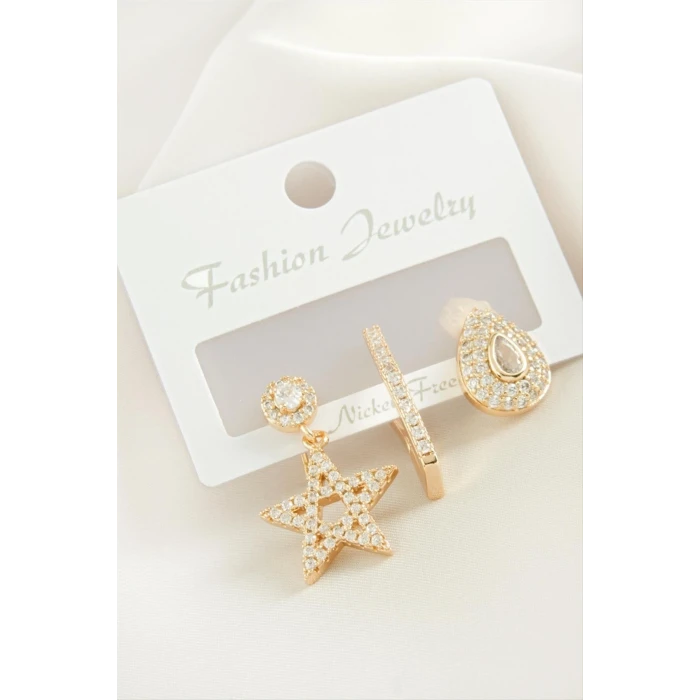 3 Adet Yıldız Zirkon Taşlı Küpe