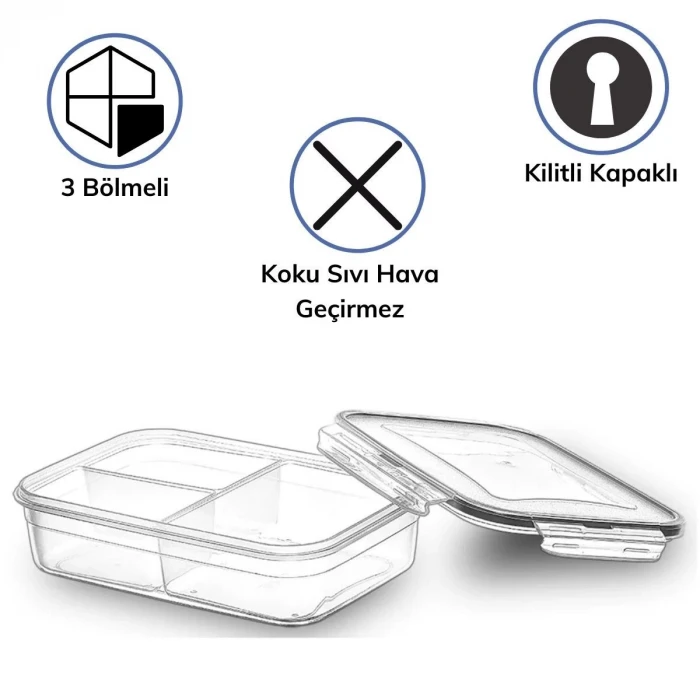 3 Bölmeli Kilitli Kapaklı 1 Litre Erzak Saklama Kabı LC-510 (K95)