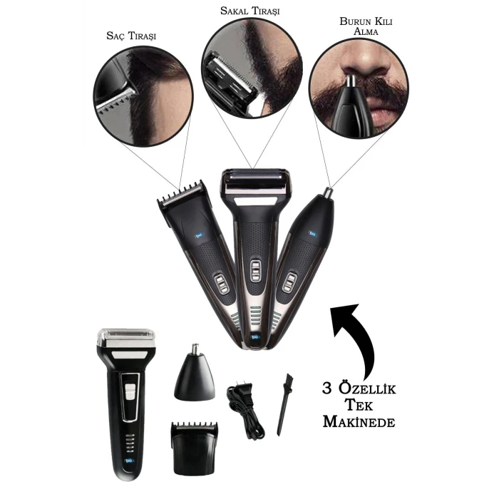 3 in 1 Saç Sakal Kesme Ense Burun Tıraş Makinesi Seti (K95)