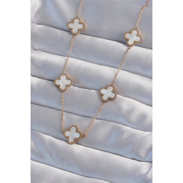 316L Çelik Gold Renk Beyaz Sedefli Yonca Kolye