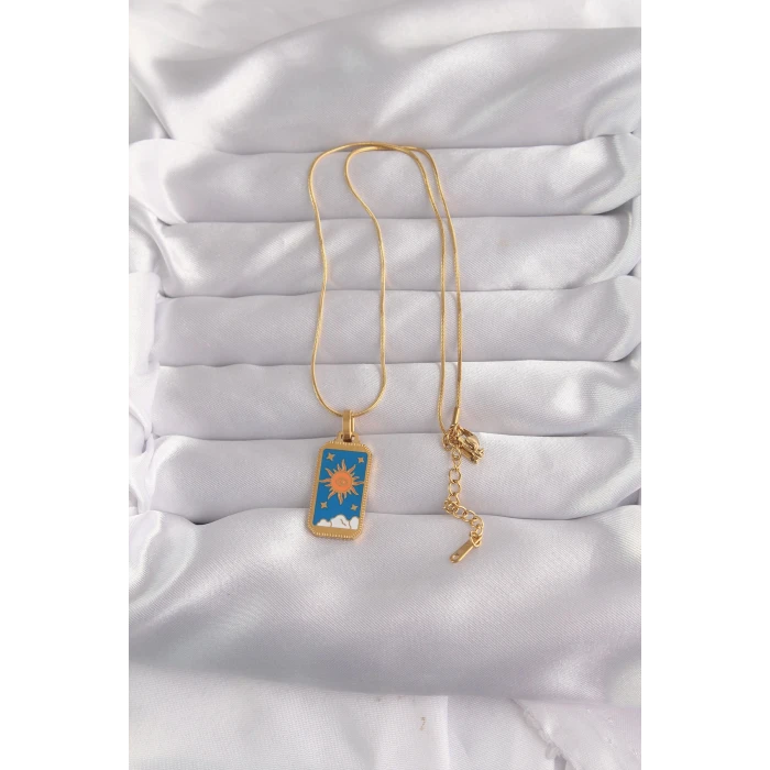 ietaks™ 316L Çelik Gold Renk Mavi Mineli Güneş Model Tarot Kolye