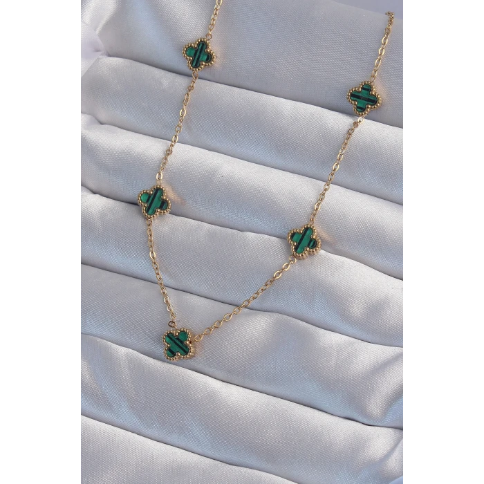 ietaks™ 316L Çelik Gold Renk Minimal Yeşil Mineli Yonca Kolye