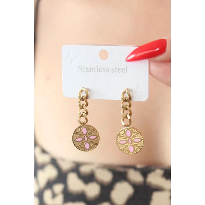 316L Çelik Gold Renk Sallantı Çiçek Model İşleme Detay Kadın Küpe - TJ-BKP7569