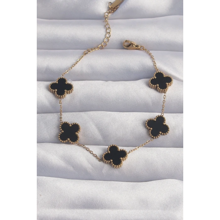 ietaks™ 316L Çelik Gold Renk Siyah Mineli Yonca Bileklik