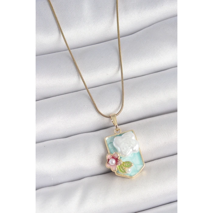 316L Çelik Gold Renk Zincir Mavi Mineli İncili Çiçek İşlemeli Portre Model Kadın Kolye - TJ-BKO10187