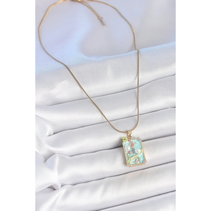 316L Çelik Gold Renk Zincir Mavi Mineli İncili Çiçek İşlemeli Portre Model Kadın Kolye - TJ-BKO10191