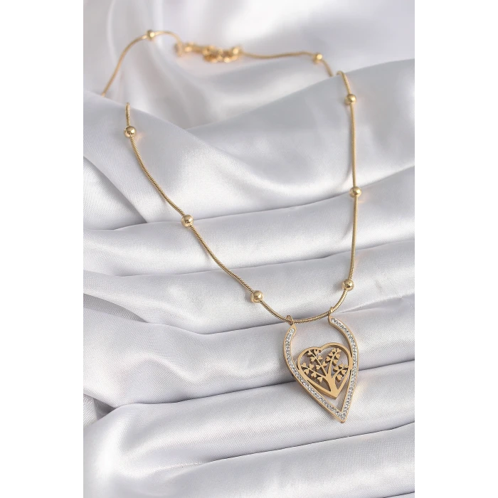 316L Çelik Gold Renk Zirkon Taşlı Detaylı Kalp Fidan Model Kadın Kolye - TJ-BKO9405