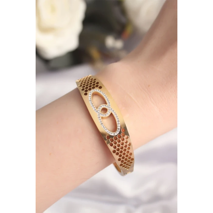 316L Çelik Gold Renk Zirkon Taşlı Kadın Kelepçe Bilezik - TJ-BB6022
