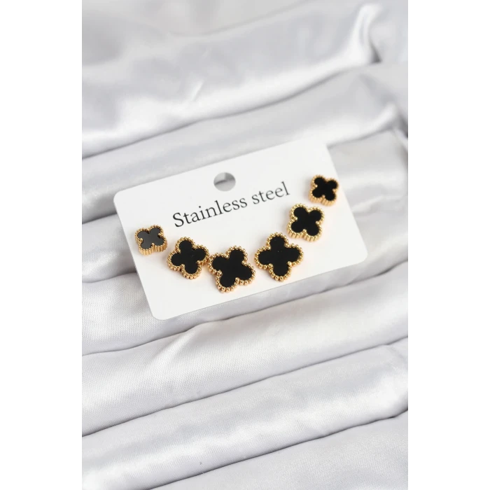 316L Çelik Gold Siyah Renk 3 Boy Yonca Küpe Seti