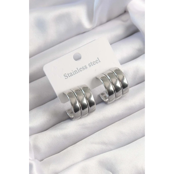 316L Çelik Gümüş Renk 3lü Görünüm Bombe Model Yarım Halka Küpe - TJ-BKP9490