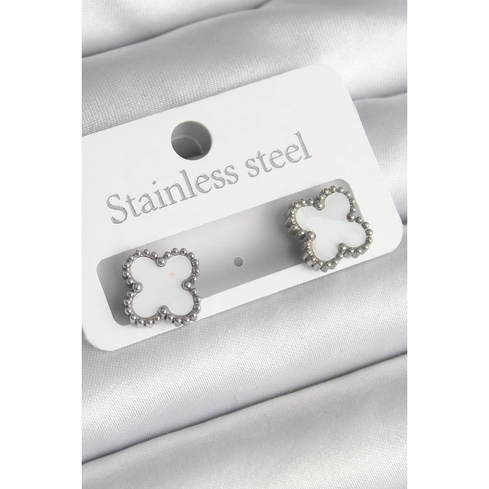 316L Çelik Gümüş Renk Beyaz Yonca Model Kadın Küpe