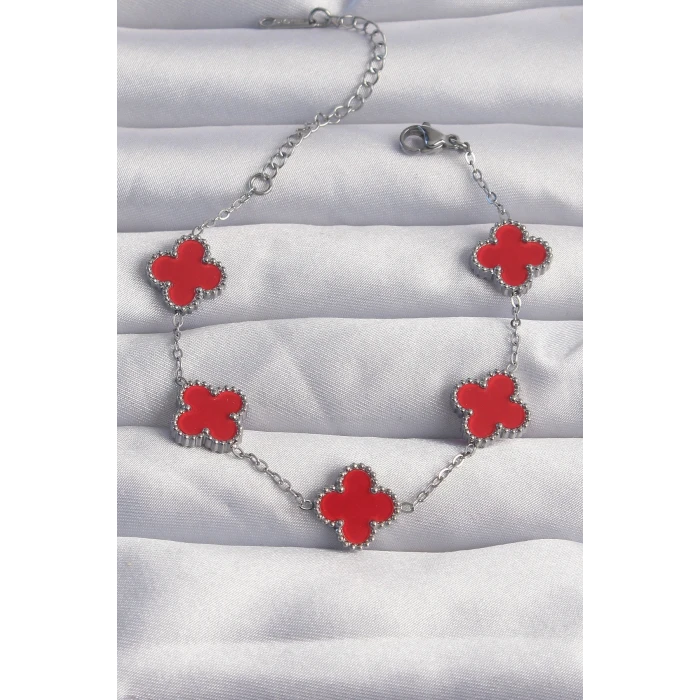 ietaks™ 316L Çelik Gümüş Renk Kırmızı Mineli Yonca Bileklik