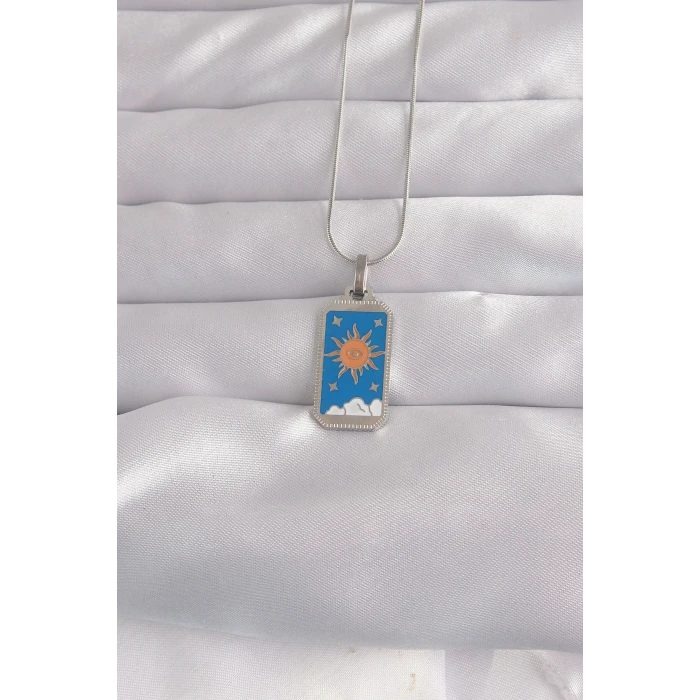 ietaks™ 316L Çelik Gümüş Renk Mavi Mineli Güneş Model Tarot Kolye