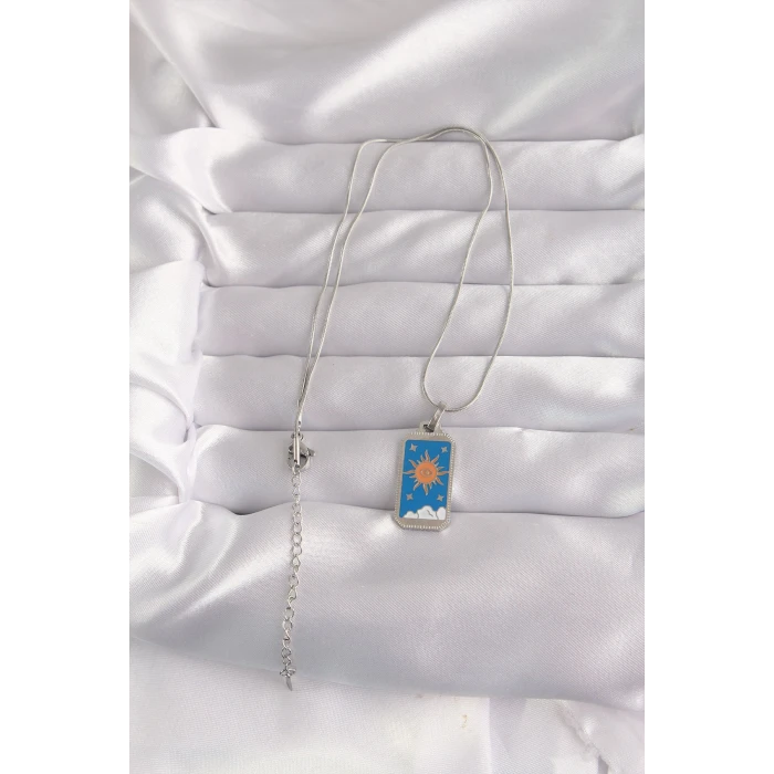 ietaks™ 316L Çelik Gümüş Renk Mavi Mineli Güneş Model Tarot Kolye