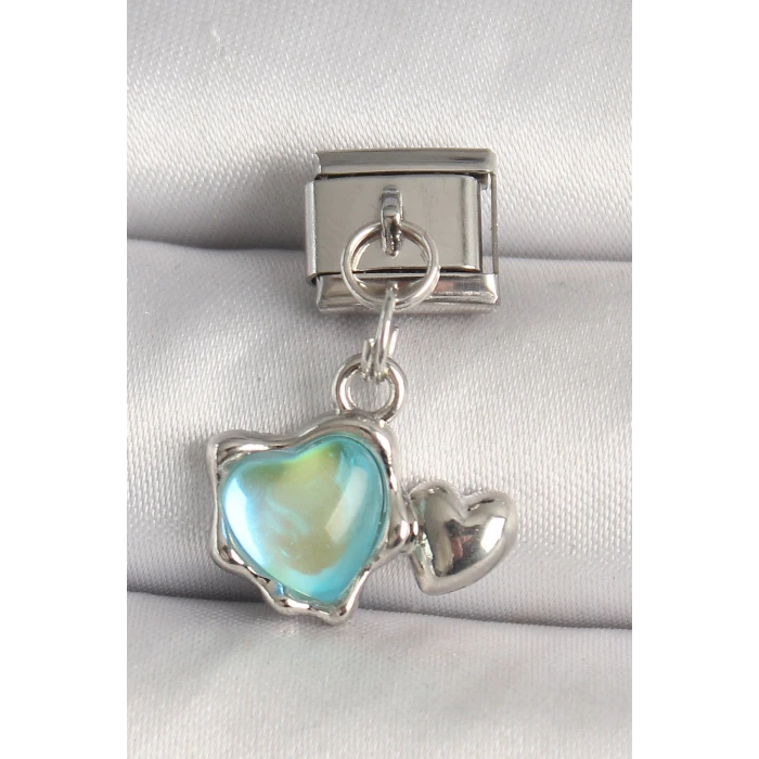 ietaks™ 316L Çelik Gümüş Renk Mavi Mineli Kalp Model Nomination Charm