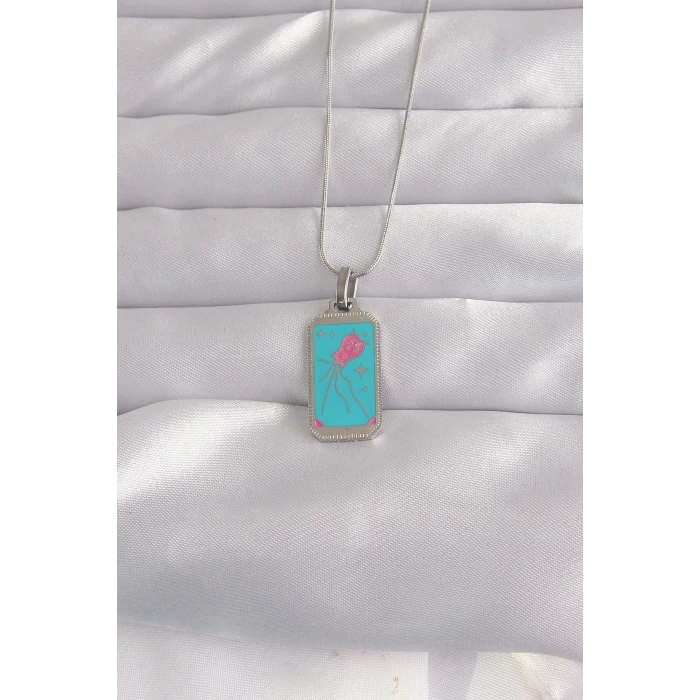 ietaks™ 316L Çelik Gümüş Renk Mavi Mineli Tarot Kolye