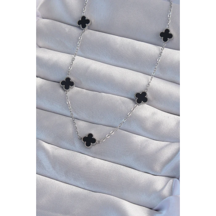 ietaks™ 316L Çelik Gümüş Renk Minimal Siyah Mineli Yonca Kolye