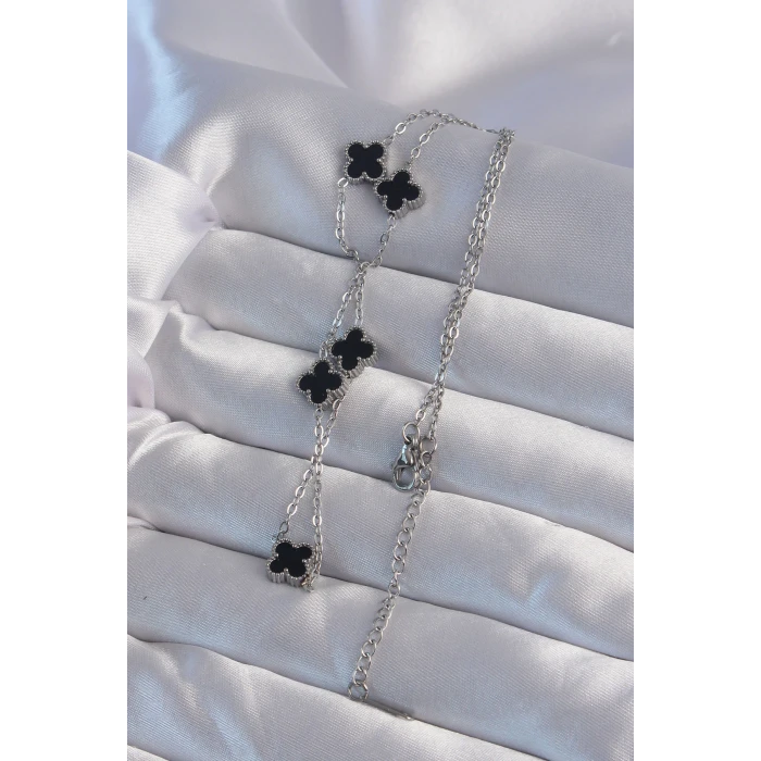 ietaks™ 316L Çelik Gümüş Renk Minimal Siyah Mineli Yonca Kolye