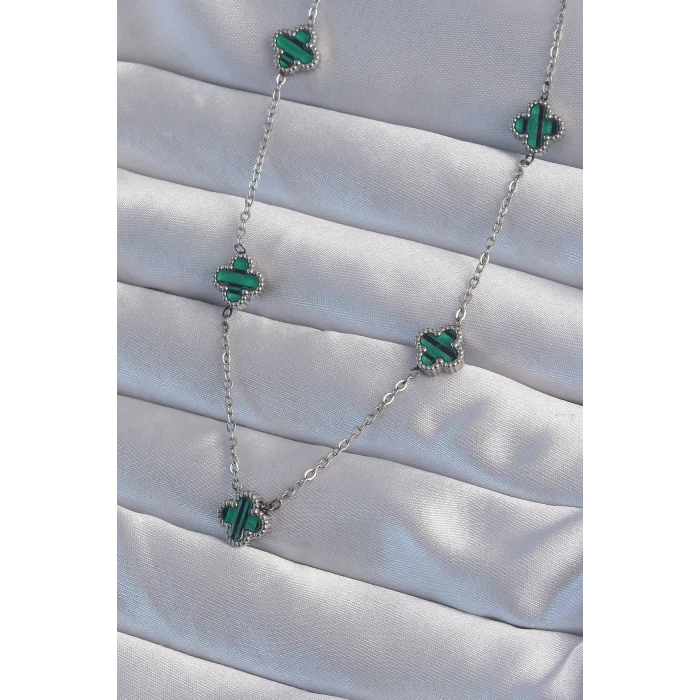 ietaks™ 316L Çelik Gümüş Renk Minimal Yeşil Mineli Yonca Kolye