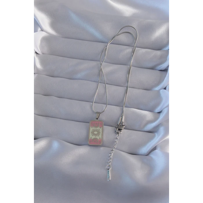 ietaks™ 316L Çelik Gümüş Renk Pembe Mineli Ay Figür Tarot Kolye