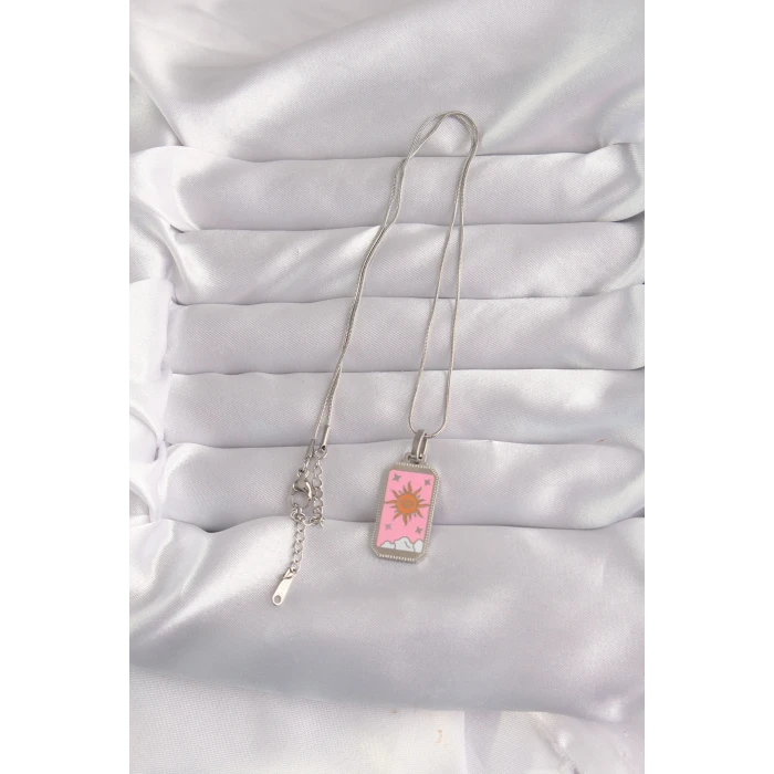 ietaks™ 316L Çelik Gümüş Renk Pembe Mineli Güneş Model Tarot Kolye