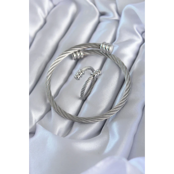 316L Çelik Gümüş Renk Sarmal Model Erkek Bileklik Yüzük Kombini - TJ-EB3596