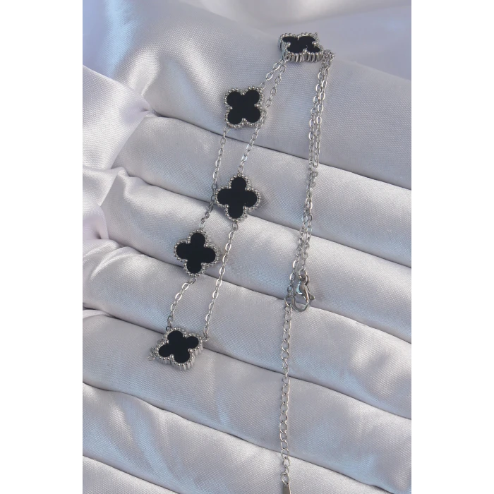 ietaks™ 316L Çelik Gümüş Renk Siyah Mineli Yonca Kolye