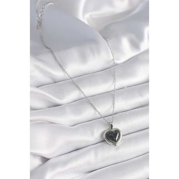 ietaks™ 316L Çelik Gümüş Renk Yeşil Mineli Kalp Model Kadın Kolye