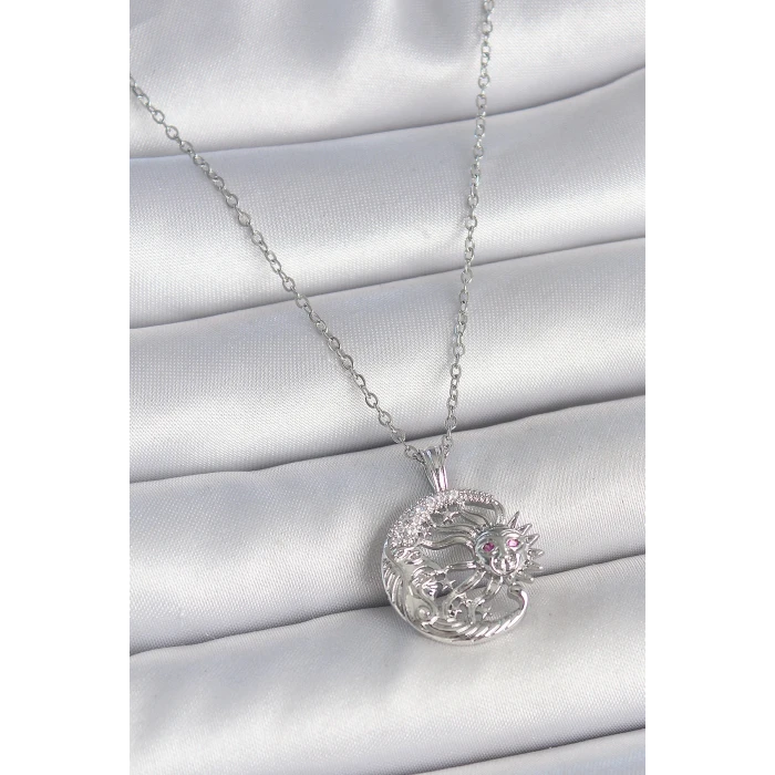 316L Çelik Gümüş Renk Zincir Ay Güneş Model Zirkon Taş Detay Kadın Kolye