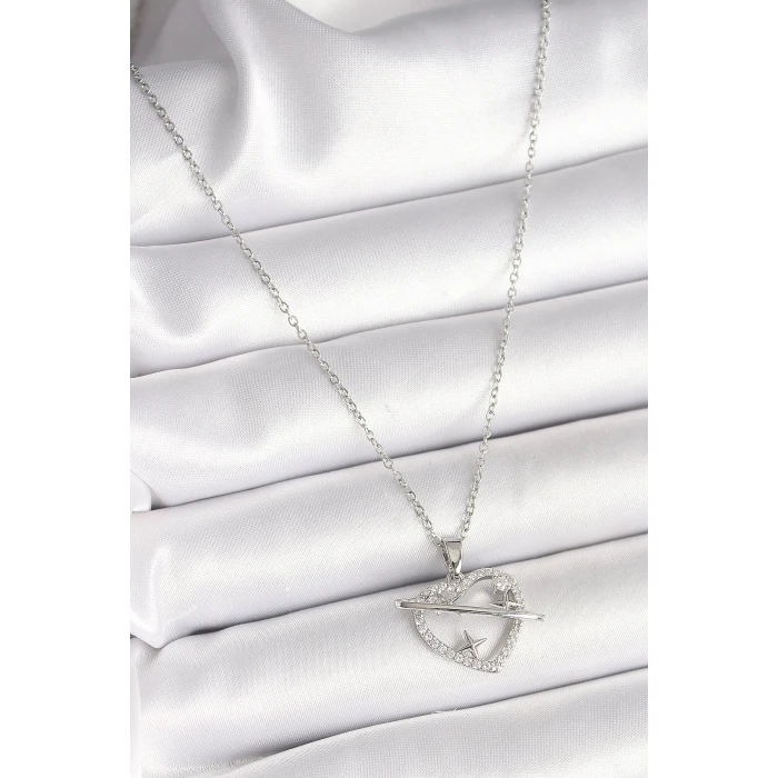 316L Çelik Gümüş Renk Zincir Zirkon Taşlı Kalp Model Yıldız Detay Kadın Kolye - TJ-BKO9860
