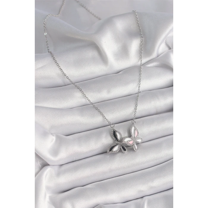 316L Çelik Gümüş Renk Zincir Zirkon Taşlı Renkli Kelebek Model Kadın Kolye