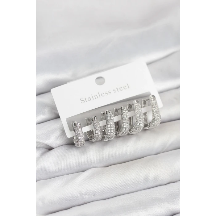 316L Çelik Gümüş Renk Zirkon Taşlı Damla Halka Küpe Seti - TJ-BKP11525