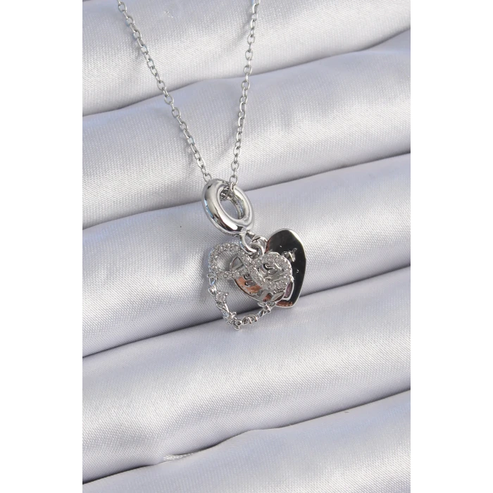 316L Çelik Gümüş Renk Zirkon Taşlı Sonsuzluk Kalp Figür Charm Model Kadın Kolye - TJ-BKO9309