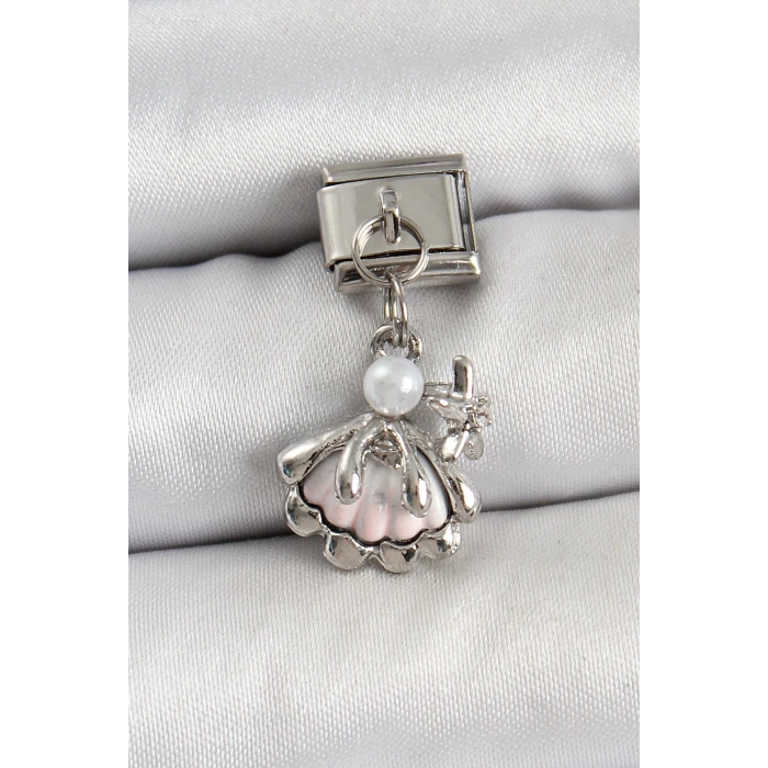 316L Çelik Sallantılı İnci Detaylı İstiridye Model Gümüş Renk Nomination Charm - TJ-BC1453