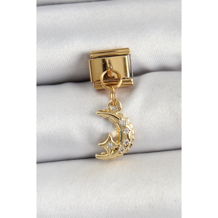 316L Çelik Sallantılı Zirkon Taşlı Ay Model Gold Renk Nomination Charm - TJ-BC1431