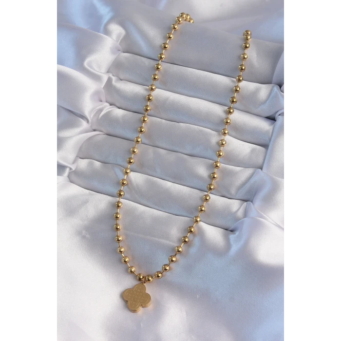 ietaks™ 316L Çelik Top Zincirli Gold Renk İşlemeli Yonca Model Kolye