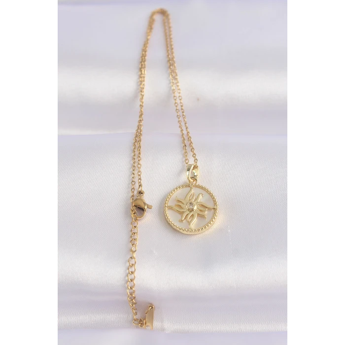 316L Çelik Zincir Altın Renk Zirkon Taşlı Oval Tasarım Güneş Kolye - TJ-BKO8653