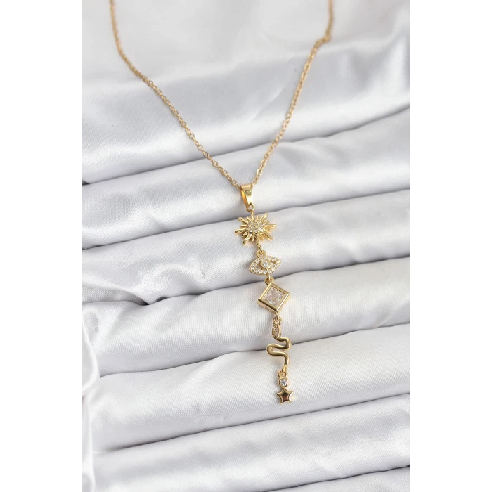 316L Çelik Zincir Gold Renk Güneş ve Enerji Model Kadın Y Kolye - TJ-BKO10668