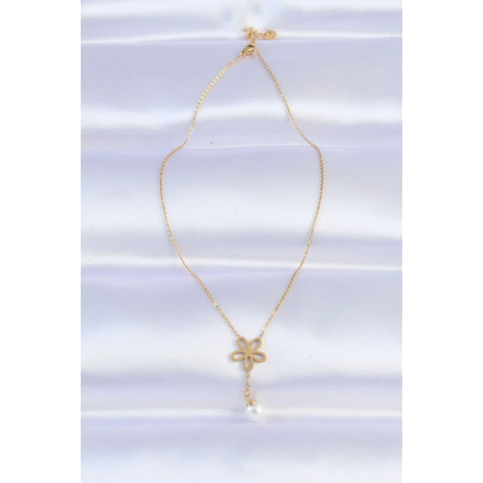 316L Çelik Zincir Gold Renk İnci Detay Çiçek Kolye - TJ-BKO8730