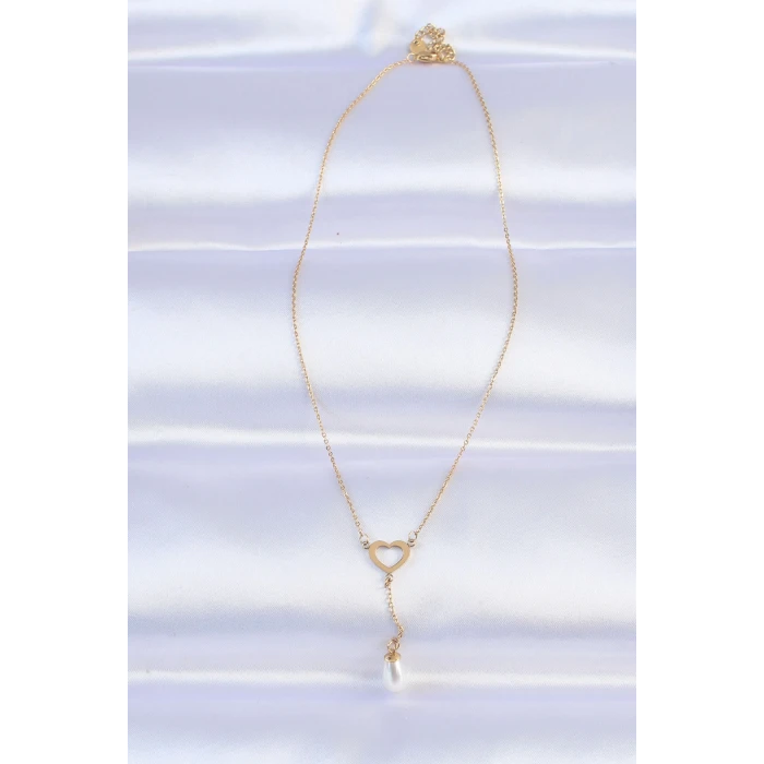 316L Çelik Zincir Gold Renk İnci Taş Detay Kalp Kolye