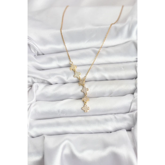 316L Çelik Zincir Gold Renk Yonca Model Kadın Kolye