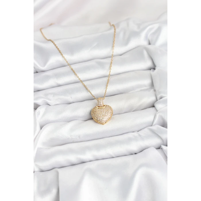 316L Çelik Zincir Gold Renk Zirkon Taşlı Kalpli Kadın Kolye - TJ-BKO10607