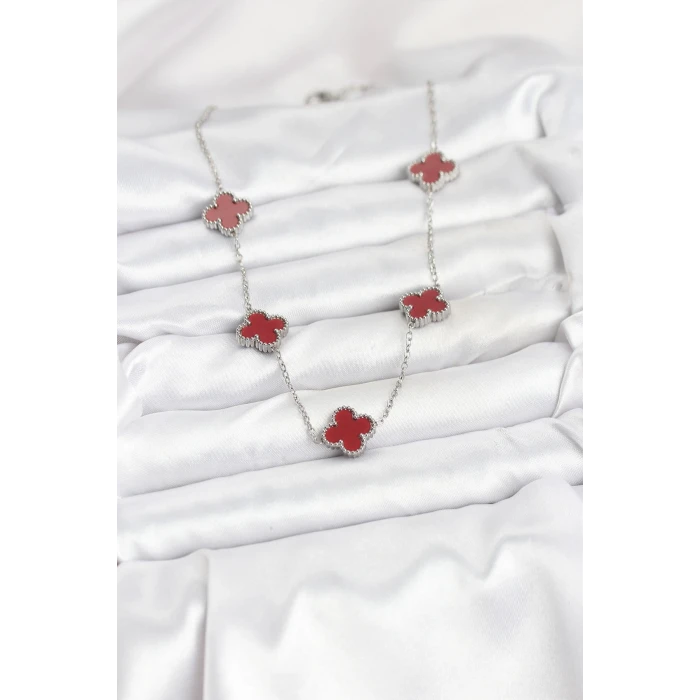 316L Çelik Zincir Gümüş Renk Bordo Renk Yonca Kadın Kolye