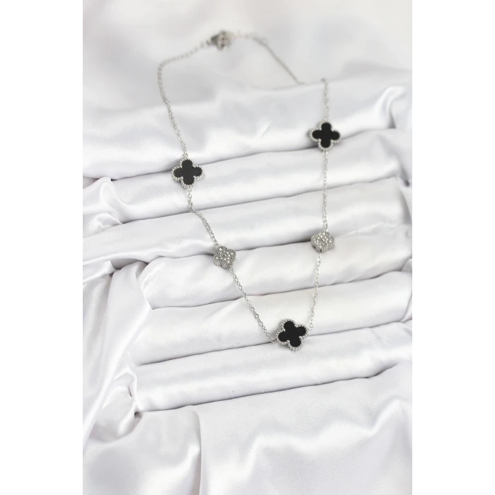 316L Çelik Zincir Gümüş Renk Siyah ve Zirkon Taşlı Yonca Kadın Kolye - TJ-BKO10589