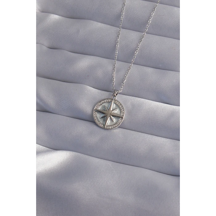 316L Çelik Zincir Gümüş Renk Zirkon Taşlı Kutup Yıldızı Kolye - TJ-BKO9012