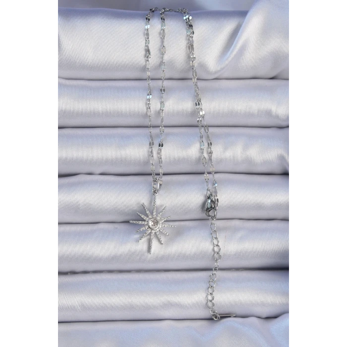 316L Çelik Zincir Gümüş Renk Zirkon Taşlı Kutup Yıldızı Kolye - TJ-BKO9064