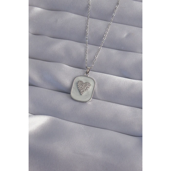 316L Çelik Zincir Mermer Desenli Gümüş Renk Zirkon Taşlı Kalp Model Kolye - TJ-BKO9014